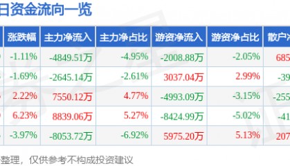 股票行情快报：申通快递（002468）8月6日主力资金净卖出4849.51万元