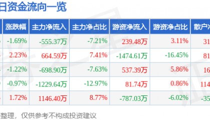 股票行情快报：澳洋健康（002172）10月16日主力资金净卖出555.37万元