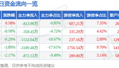 股票行情快报：海南瑞泽（002596）5月29日主力资金净卖出813.90万元