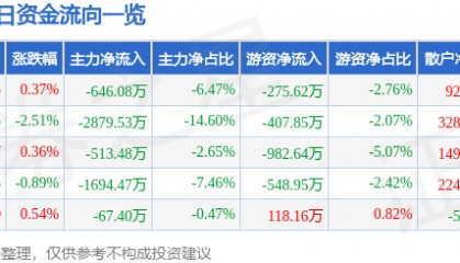 股票行情快报：豫能控股（001896）8月1日主力资金净卖出646.08万元