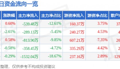 股票行情快报：海南瑞泽（002596）6月3日主力资金净卖出539.48万元