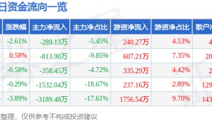 股票行情快报：海南瑞泽（002596）5月30日主力资金净卖出289.13万元