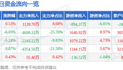 股票行情快报：辉丰股份（002496）12月26日主力资金净买入1139.70万元