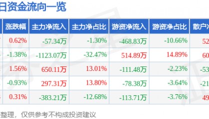 股票行情快报：合肥城建（002208）6月3日主力资金净卖出57.34万元