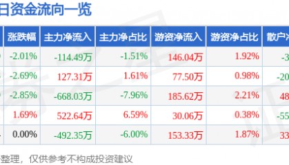 股票行情快报：华平股份（300074）1月2日主力资金净卖出114.49万元
