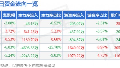 股票行情快报：辉丰股份（002496）12月30日主力资金净卖出46.18万元