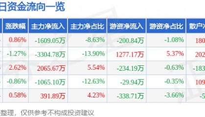 股票行情快报：江特电机（002176）6月23日主力资金净卖出1609.05万元
