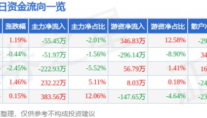 股票行情快报：金岭矿业（000655）5月26日主力资金净卖出55.45万元