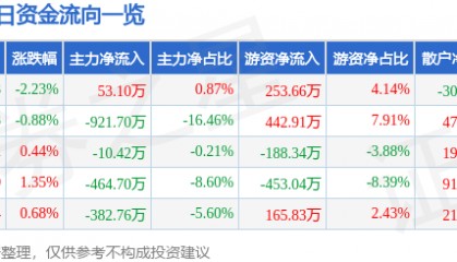 股票行情快报：宝莫股份（002476）2月13日主力资金净买入53.10万元