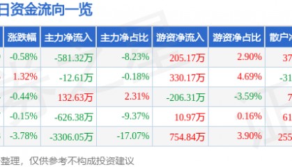 股票行情快报：合肥城建（002208）8月6日主力资金净卖出581.32万元