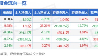 股票行情快报：健康元（600380）9月2日主力资金净卖出1.10亿元
