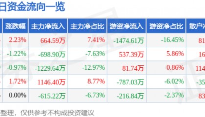 股票行情快报：澳洋健康（002172）10月15日主力资金净买入664.59万元