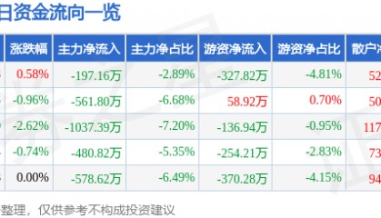 股票行情快报：豫能控股（001896）9月22日主力资金净卖出197.16万元