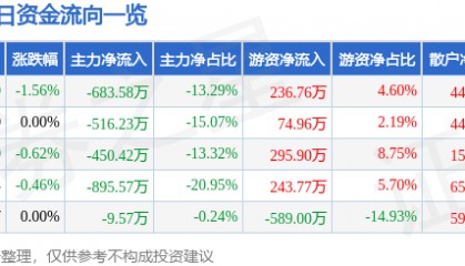 股票行情快报：合肥城建（002208）6月10日主力资金净卖出683.58万元