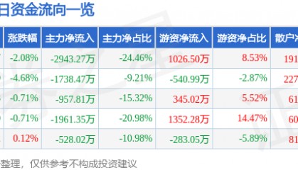 股票行情快报：葵花药业（002737）4月28日主力资金净卖出2943.27万元