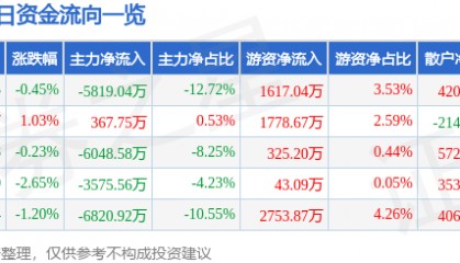 股票行情快报：江特电机（002176）9月1日主力资金净卖出5819.04万元