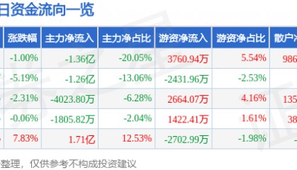 股票行情快报：申通快递（002468）8月13日主力资金净卖出1.36亿元