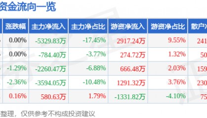 股票行情快报：健康元（600380）8月11日主力资金净卖出5329.83万元