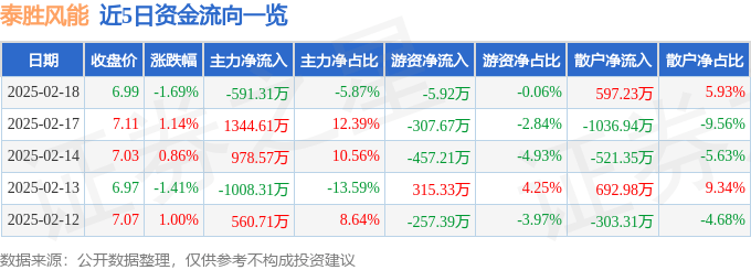 股票行情快报：泰胜风能（300129）2月18日主力资金净卖出591.31万元