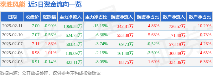 股票行情快报：泰胜风能（300129）2月11日主力资金净卖出1069.38万元