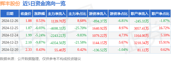 股票行情快报：辉丰股份（002496）12月26日主力资金净买入1139.70万元
