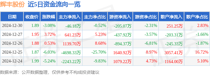 股票行情快报：辉丰股份（002496）12月30日主力资金净卖出46.18万元