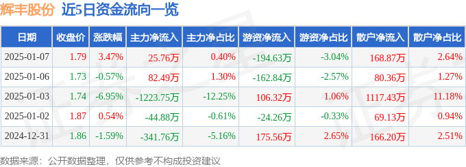 股票行情快报：辉丰股份（002496）1月7日主力资金净买入25.76万元
