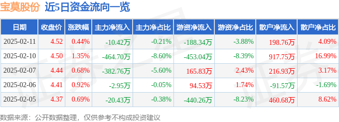 股票行情快报：宝莫股份（002476）2月11日主力资金净卖出10.42万元