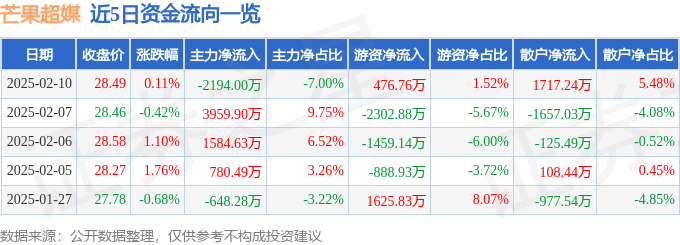 股票行情快报：芒果超媒（300413）2月10日主力资金净卖出2194.00万元