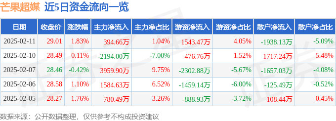股票行情快报：芒果超媒（300413）2月11日主力资金净买入394.66万元