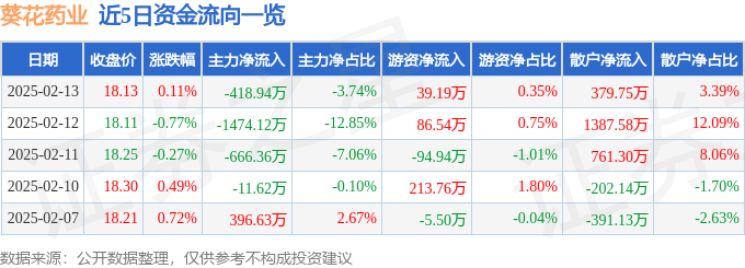股票行情快报：葵花药业（002737）2月13日主力资金净卖出418.94万元