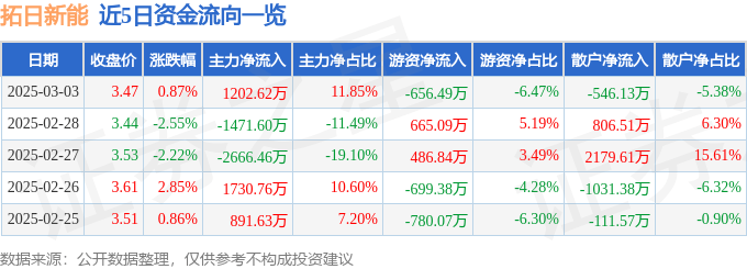 股票行情快报：拓日新能（002218）3月3日主力资金净买入1202.62万元