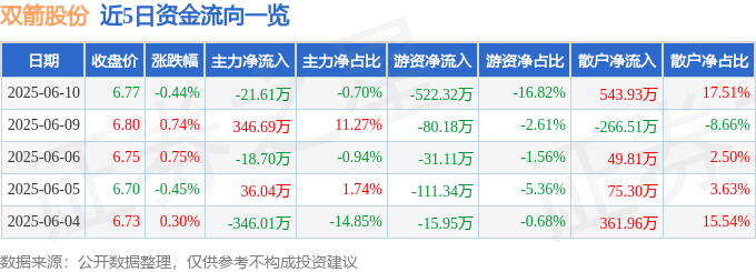 股票行情快报：双箭股份（002381）6月10日主力资金净卖出21.61万元