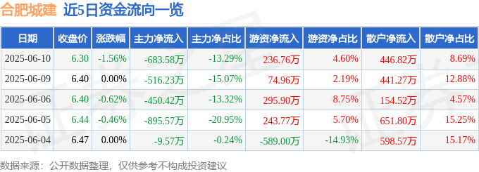 股票行情快报：合肥城建（002208）6月10日主力资金净卖出683.58万元