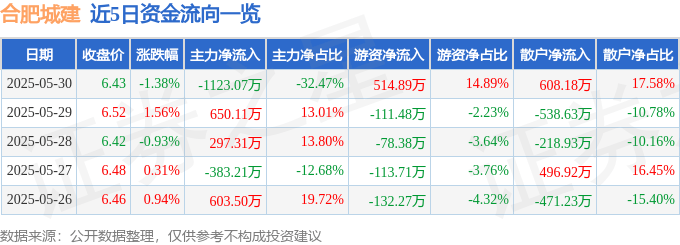 股票行情快报：合肥城建（002208）5月30日主力资金净卖出1123.07万元