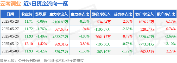 股票行情快报：云南铜业（000878）5月28日主力资金净卖出2160.89万元