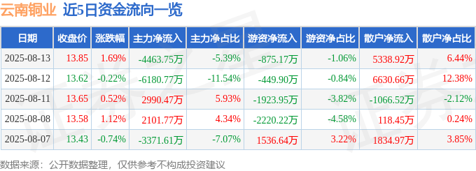 股票行情快报：云南铜业（000878）8月13日主力资金净卖出4463.75万元