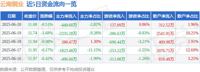股票行情快报：云南铜业（000878）6月20日主力资金净卖出449.60万元