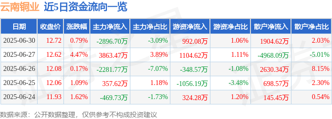股票行情快报：云南铜业（000878）6月30日主力资金净卖出2896.70万元