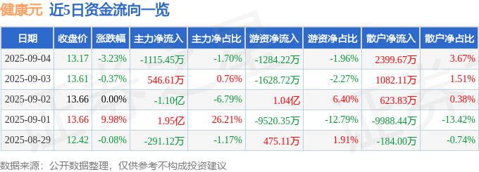 股票行情快报：健康元（600380）9月4日主力资金净卖出1115.45万元